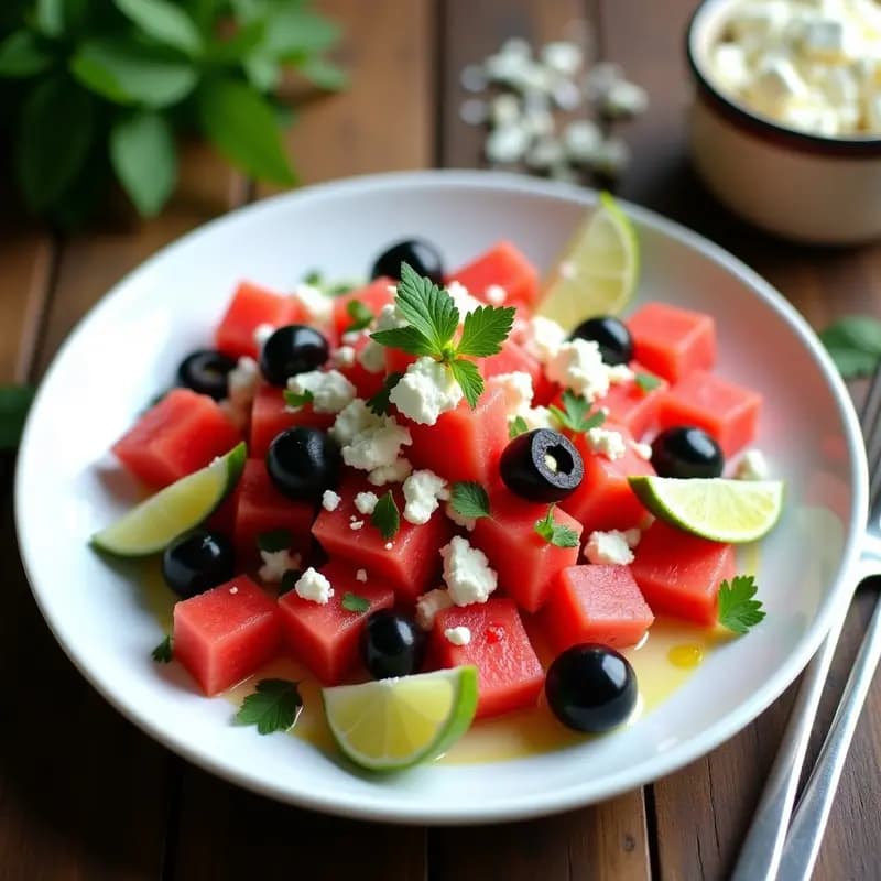 Ceviche de Watermelón y Queso Feta: Ensalada Refrescante Peruano-Griega con Lima y Olivas