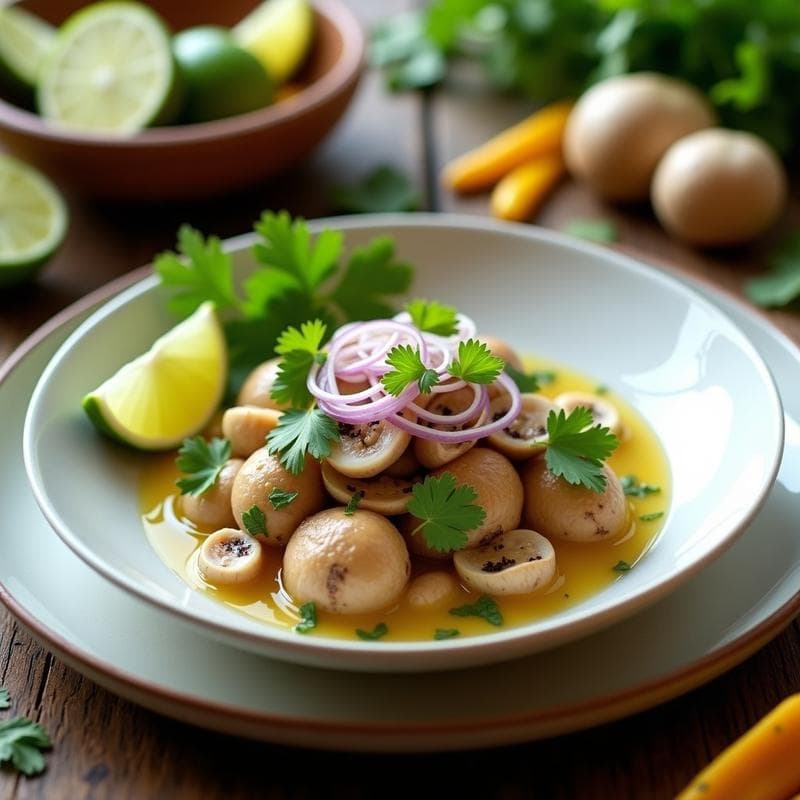 Ceviche de Setas Oyster con Limón Kaffir y Cilantro: Receta Vegana de Fusión Peruana-Tailandesa
