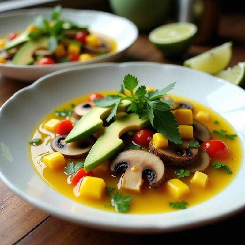 Ceviche de Setas Portobello y Pimiento Amarillo con Leche de Tigre de Cúrcuma: Receta Vegana y Sin Gluten