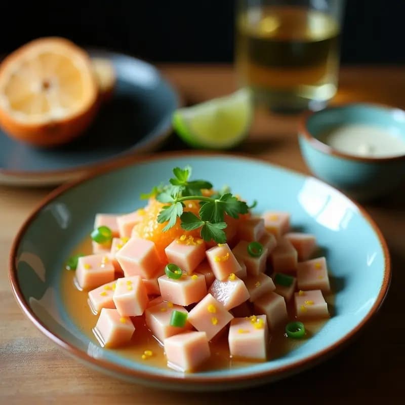 Ceviche tailandés de atún y pomelo con leche de coco y lemongrass