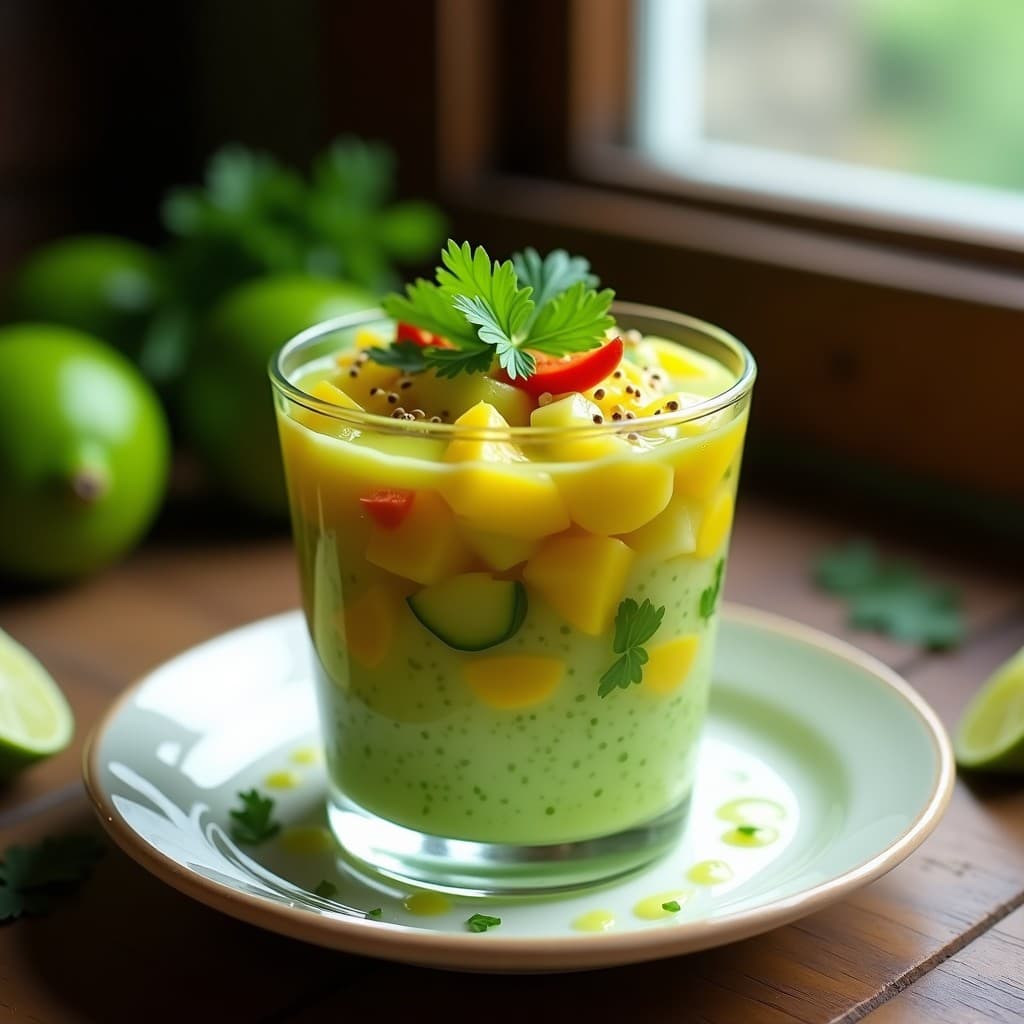 Ceviche de tomate de árbol y pepino con leche de tigre de limón verde: Entrante Colombiano