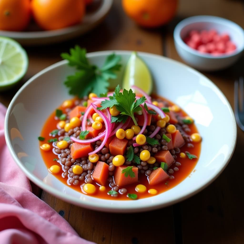 Ceviche Vegano de Lentejas Rojas: Receta Peruana Express con Toque Coral