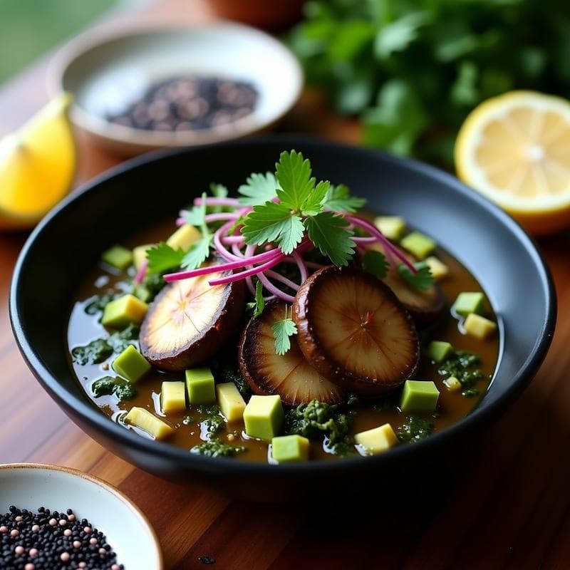 Ceviche de Coriander y Limón: Receta Vegana con Champiñones Portobello y Algas Wakame