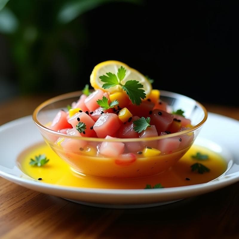 Ceviche de Ventresca de Atún con Leche de Tigre de Yuzu: Receta Japonesa Fusion en 10 Minutos