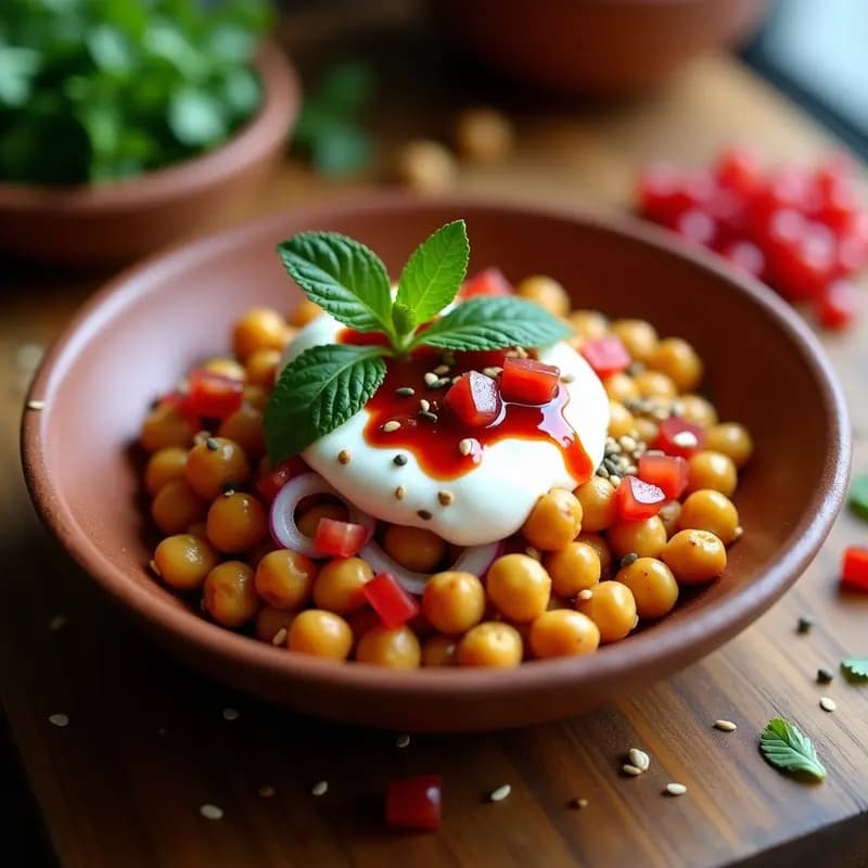 Chaat Indio de Garbanzos y Yogur: Snack Crujiente con Especias y Granadina en 15 Minutos