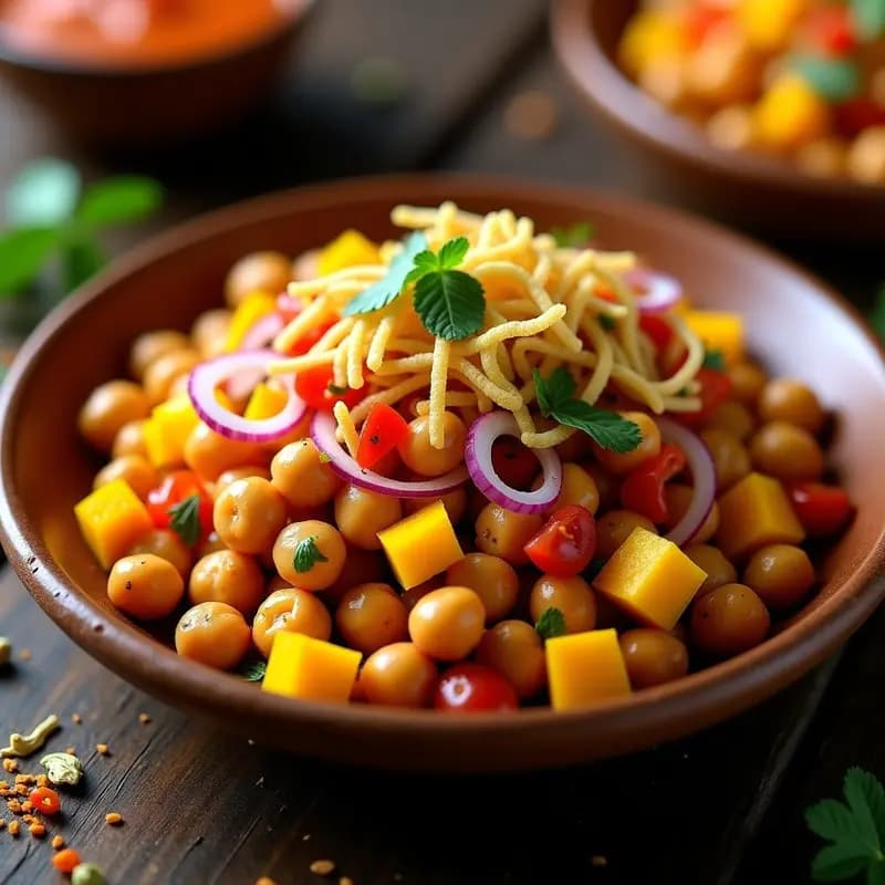Chaats de Garbanzos y Mango con Chutneys: Aperitivo Indio Picante y Crujiente en 10 Minutos