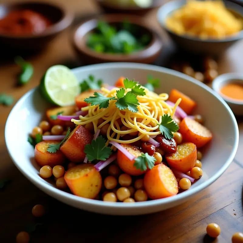 Chaats de Papas y Garbanzos: Aperitivo Indio Crujiente con Chutney de Tamarindo