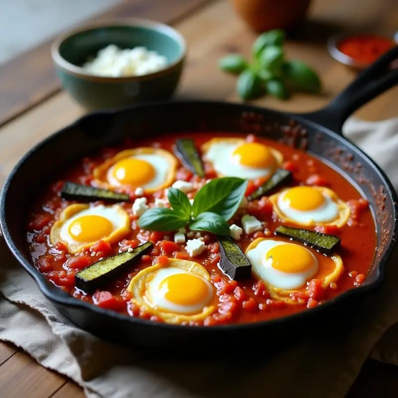 Chakchouka Tunecina con Calabacín y Huevo de Codorniz: Desayuno Norteafricano Rápido y Nutritivo