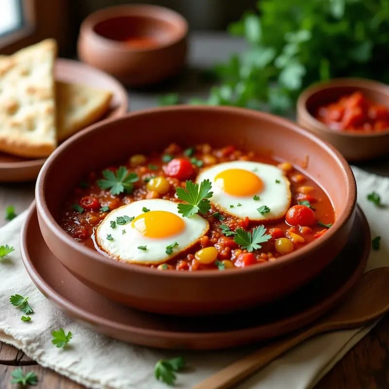 Chakchouka con Huevo Poché y Pan de Pita: Desayuno Tunecino Picante y Nutritivo