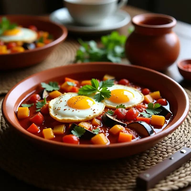 Chakchouka Marroquí con Huevos Pochados y Harissa: Desayuno Norteafricano Picante