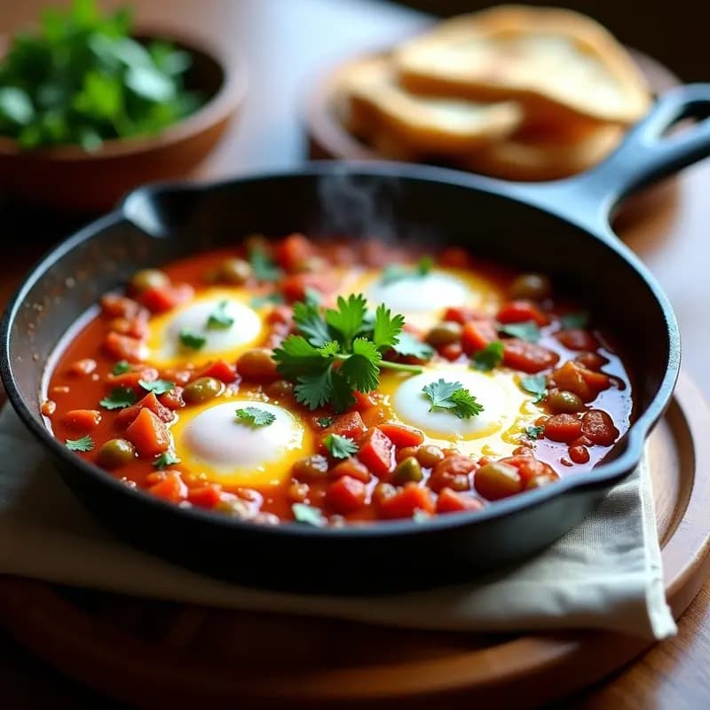 Chakchouka Tunecina con Huevos y Merluza: Estofado de Verduras Picantes y Pescado