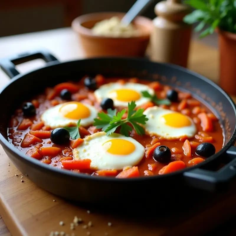 Chakchouka con Huevos Poché y Merluza Ahumada: Receta Tunecina en Sartén