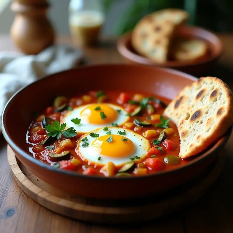 Chakchouka con Huevos Pochados y Pan de Pita: Receta Tunecina Vegetariana y Rápida