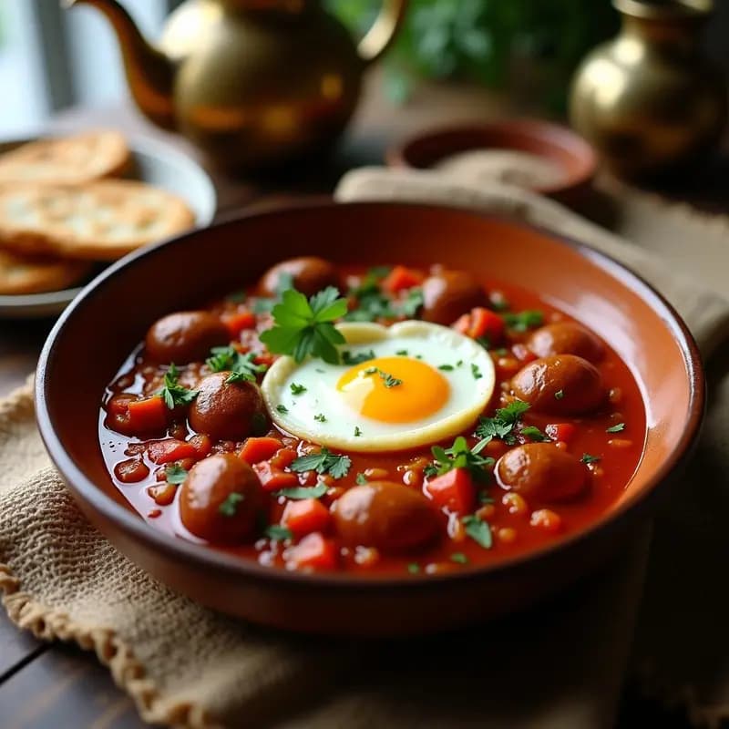 Chakchouka con Salchichas Merguenz y Huevo Poché: Receta Tunecina para Desayuno o Cena