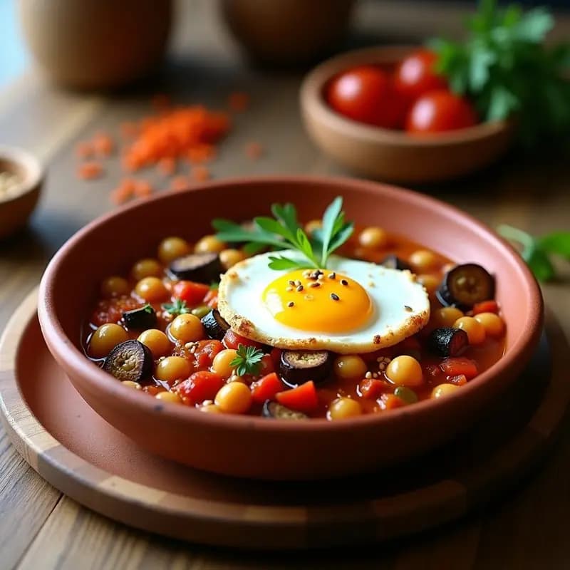 Chakchouka Tunecina con Huevo Poché: Desayuno Norteafricano Alto en Proteína
