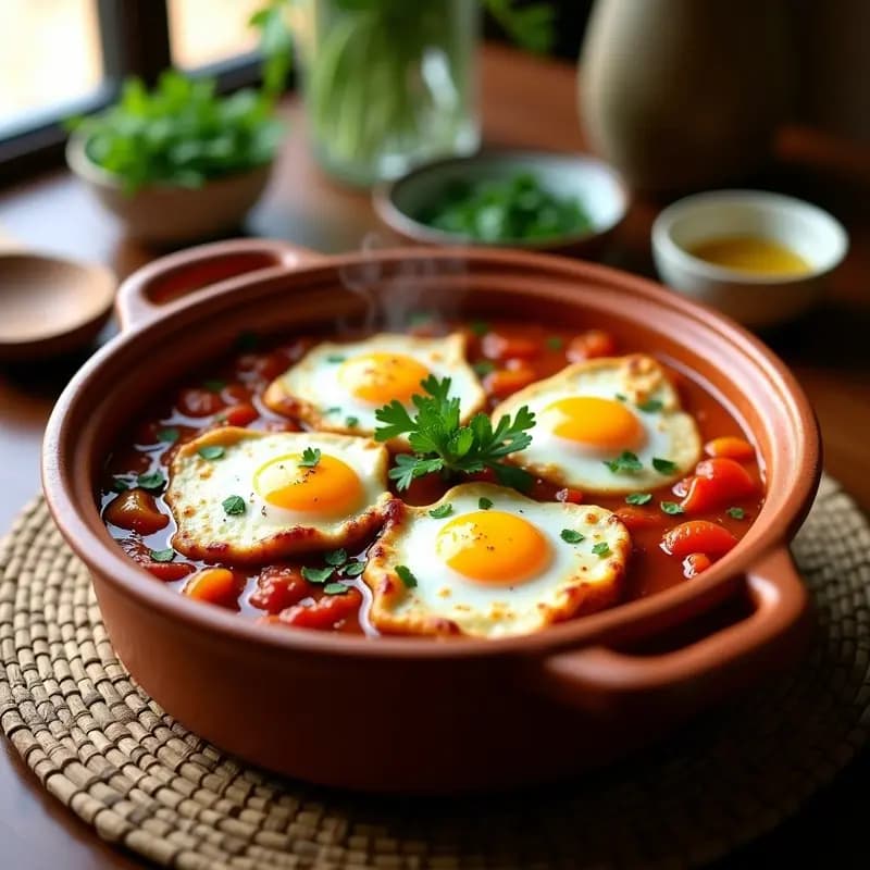 Chakchouka Tunisiana con Merluza: Huevos en Salsa de Tomate y Pimientos Árabe