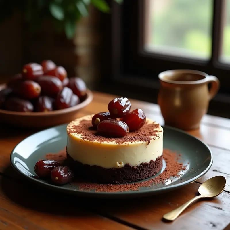 Cheesecake de Café y Dátiles con Crust de Cacao: Postre Árabe Sin Azúcar