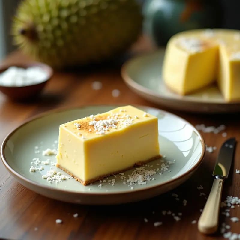 Cheesecake de Durian y Coco: Postre Tailandés Cremoso y Exótico Sin Horno