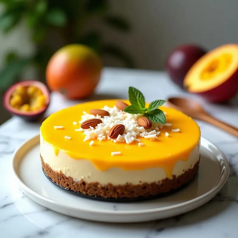 Cheesecake de Mango y Maracuyá Sin Horno: Postre Tropical Sin Lácteos y Sin Azúcar