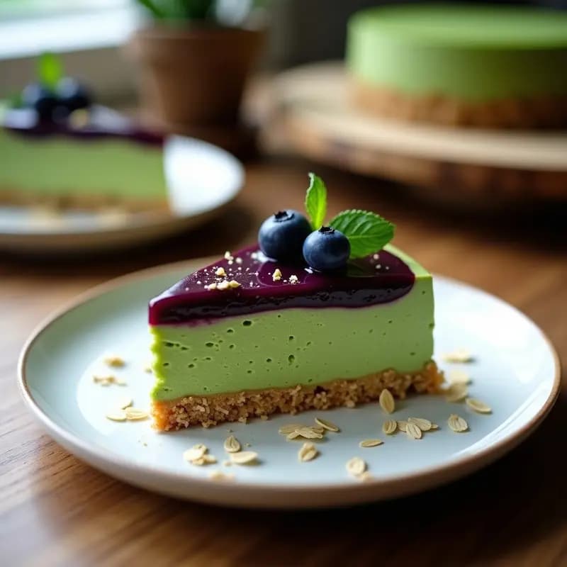 Cheesecake de Matcha y Arándanos: Postre Japonés Vegano con Base de Avena