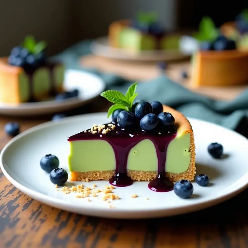 Cheesecake de Matcha y Blueberries con Base de Galletas de Sésamo Sin Horno