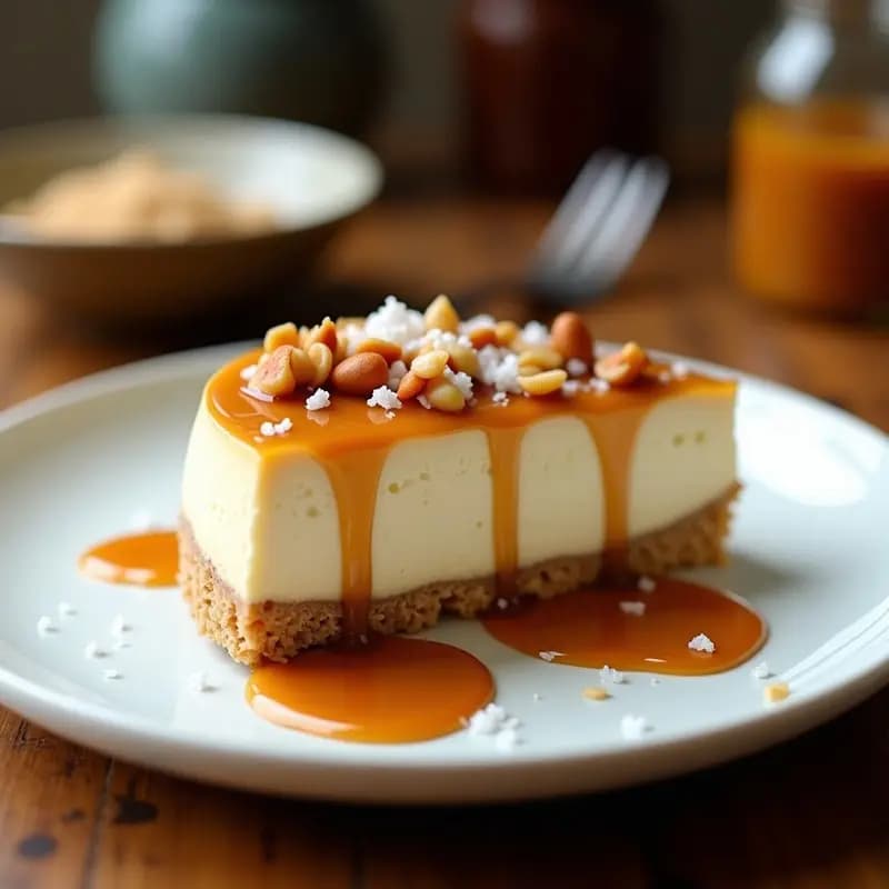 Cheesecake de Queso de Cacahuete y Salsa de Caramelo Salado: Postre Americano Sin Horno