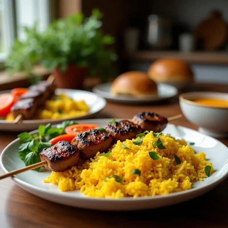 Chello Kebab Iraní con Arroz Basmati y Azafrán: Brochetas de Carne Marinada en Yogur