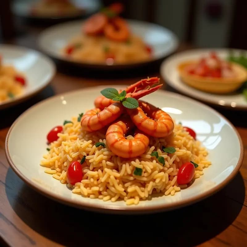 Chifa de Mariscos Peruanos: Arroz Frito con Langostinos y Salsa de Ostión
