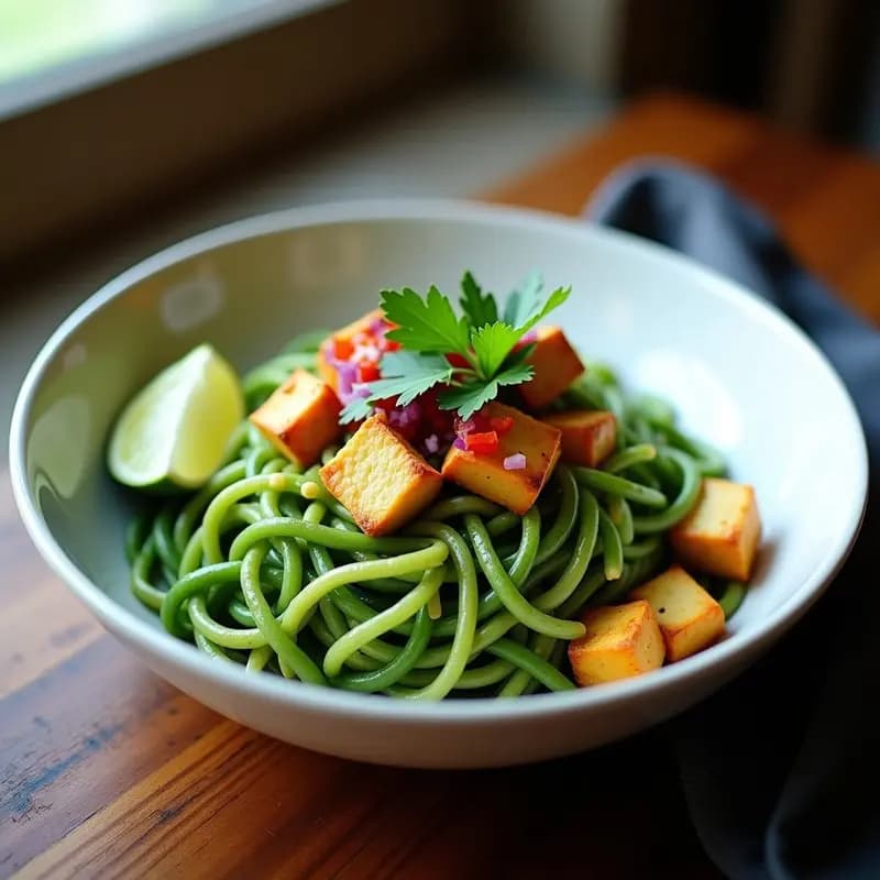 Chifa Peruano de Tallarines Verdes con Tofu: Receta Fusion en 20 Minutos