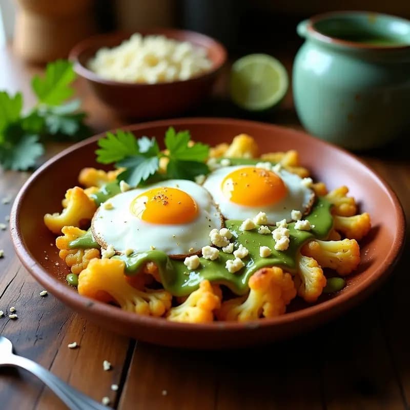 Chilaquiles de Coliflor con Salsa Verde y Crema de Aguacate: Desayuno Mexicano Keto