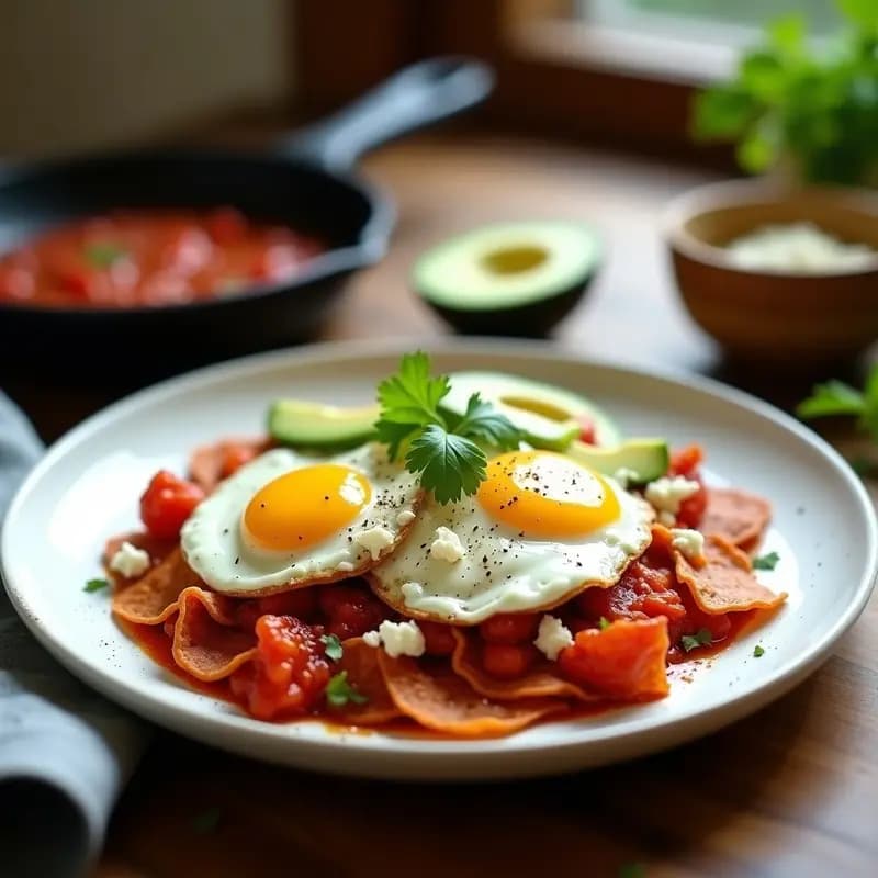 Chilaquiles Rojos con Huevo Escalfado y Aguacate: Desayuno Mexicano en Sartén Antiadherente