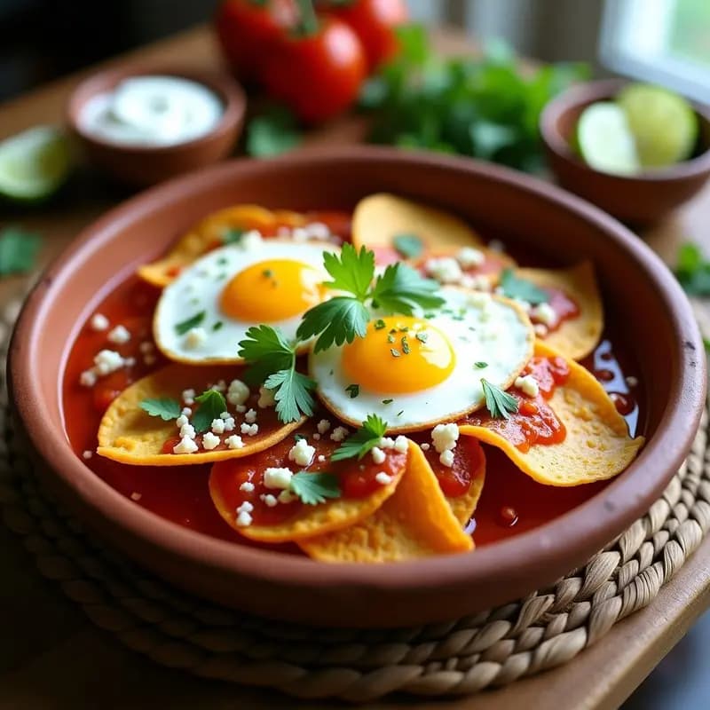Chilaquiles Rojos con Huevo y Crema Ácida: Desayuno Mexicano con Tortillas Crujientes