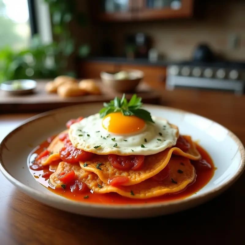 Chilaquiles Rojos Mexicanos con Huevo Frito: Desayuno con Salsa de Tomate y Queso Fresco