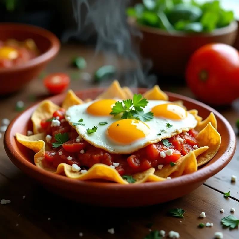 Chilaquiles Rojos con Huevo: Desayuno Mexicano Tradicional con Tortillas Fritas y Salsa de Jitomate