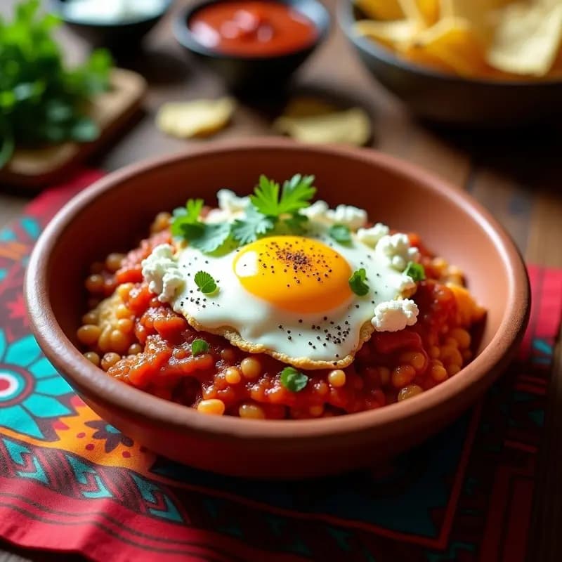 Chilaquiles Rojos con Huevos Poché: Receta Mexicana Tradicional con Totopos de Maíz Azul