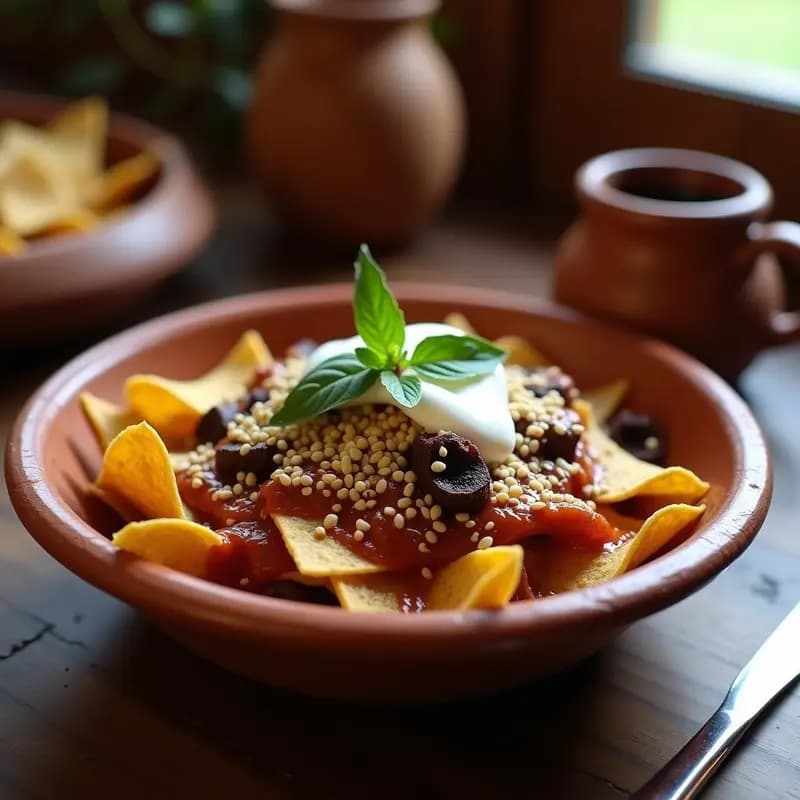 Chilaquiles Rojos con Huitlacoche y Queso Oaxaca: Desayuno Mexicano Gourmet