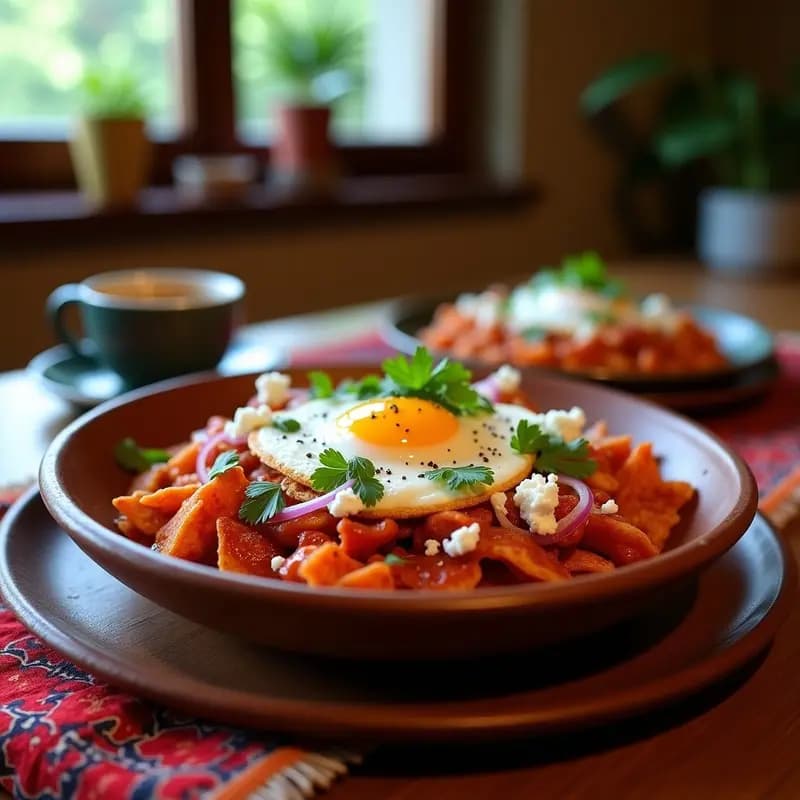 Chilaquiles Rojos Mexicanos con Huevo Poché: Desayuno Tradicional Picante y Nutritivo