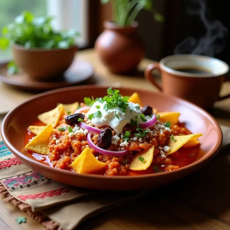 Chilaquiles Rojos con Pollo Desmenuzado: Desayuno Mexicano Tradicional y Reconfortante