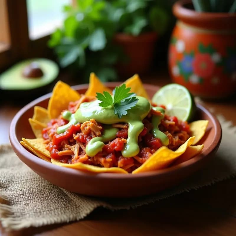 Chilaquiles Rojos con Pollo Desmenuzado y Crema de Aguacate: Receta Mexicana Sin Lactosa en 20 Minutos