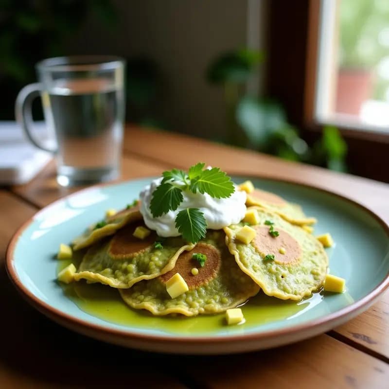 Chilaquiles Verdes con Totopos de Maíz Azul y Crema de Aguacate: Receta Mexicana Sin Lactosa