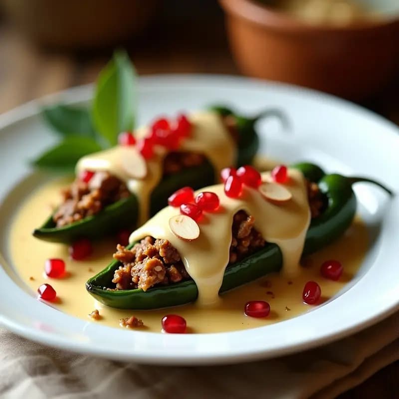 Chile en Nogada con Carnes Mixtas: Receta Mexicana Festiva con Granados y Nueces