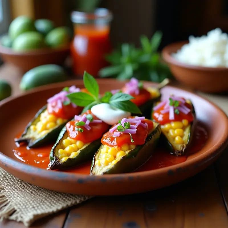 Chile Relleno de Queso Oaxaca y Elote: Receta Mexicana Vegetariana con Salsa de Tomate Chipotle