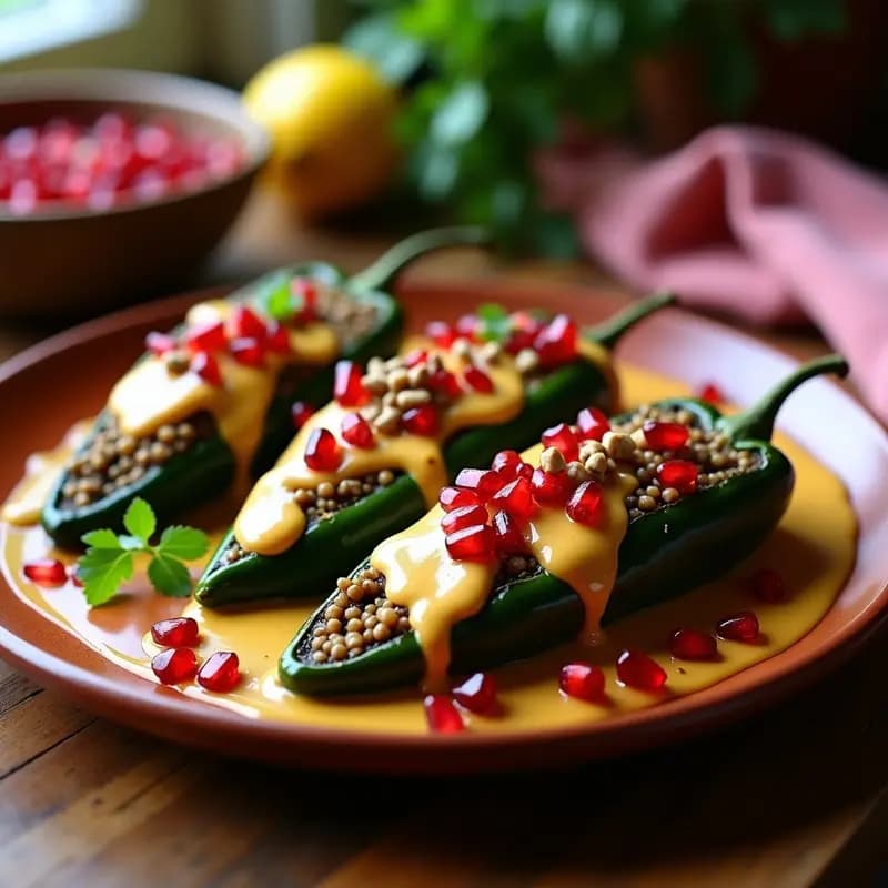 Chiles en nogada veganos: Receta mexicana con nuez y granada en salsa de anacardos