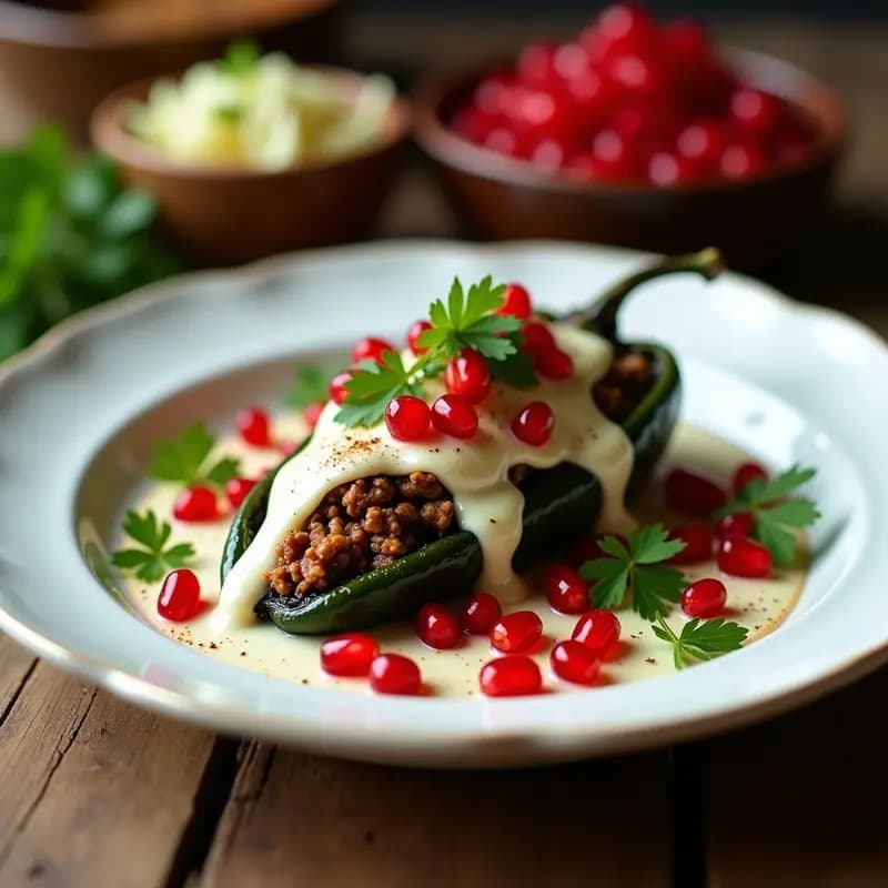 Chiles en Nogada con Carnene de Res y Granada: Receta Mexicana Tradicional de Temporada