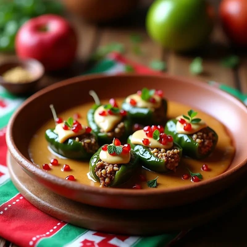 Chiles en Nogada con Picadillo de Res y Granos de Granada: Receta Mexicana Festiva