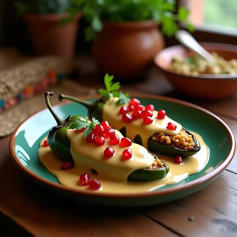 Chiles en Nogada Veganos con Nueces y Granada: Plato Mexicano Patriótico