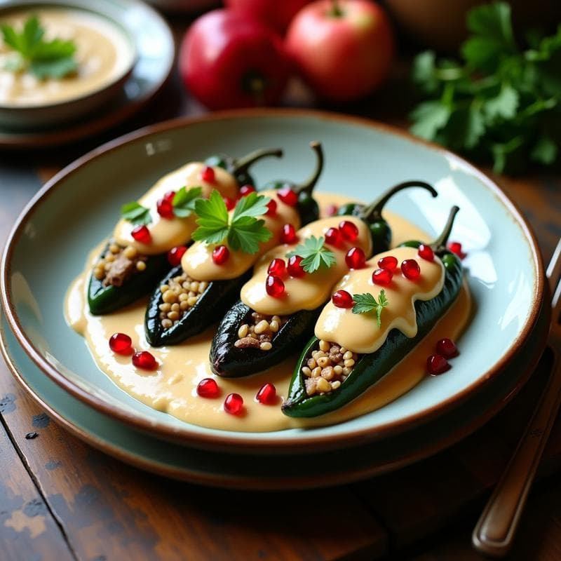 Chiles en Nogada Veganos: Rellenos de Picadillo de Champiñones y Granados