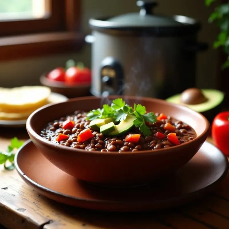 Chili Sin Carne de Lentejas Negras y Pimientos: Receta Americana Vegana en Olla Lenta