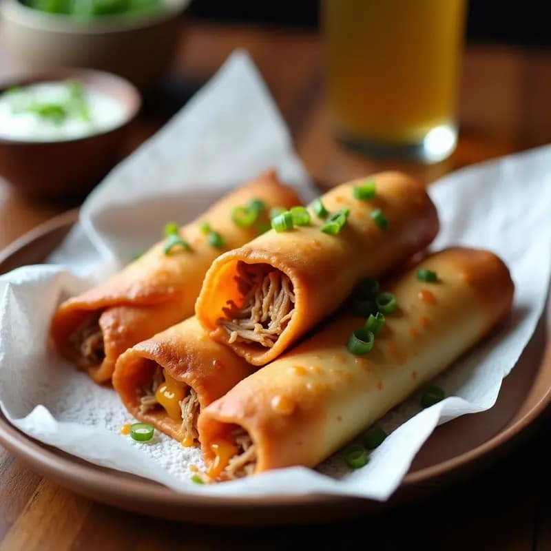 Chimichangas Rellenas de Carne Desmenuzada, Queso y Fritas en Aceite