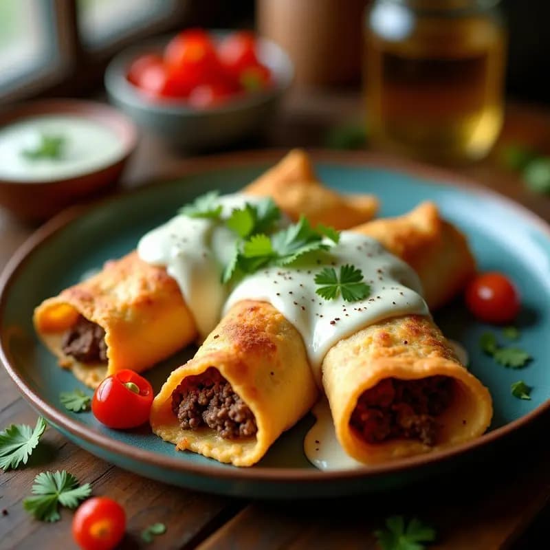 Chimichangas de Carne con Queso Monterey Jack y Salsa de Queso Azul: Tex-Mex en su Máxima Expresión